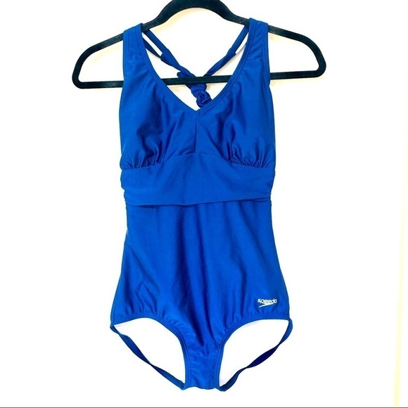 SPEEDO one piece halter swimsuit women blue minimalist beach padded size S - Picture 2 of 8